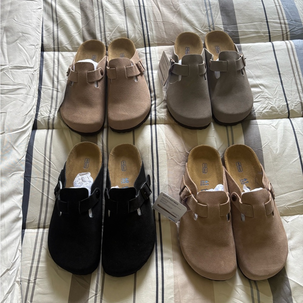 Suede Clogs in Black, Brown, and Taupe